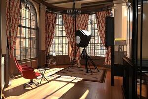 Elegant interior studio with large windows photo
