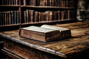 Aged book on antique wooden table in a library photo