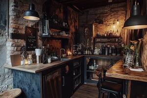 Rustic, cozy bar with exposed brick and wood accents photo