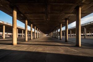 Empty concrete parking garage, sunlight streams through photo