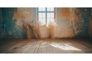 An empty room with some plants and a window photo