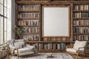 Cozy library interior with large blank canvas photo