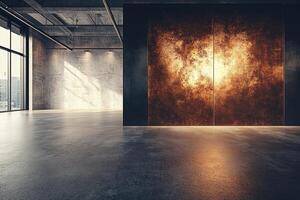 Industrial loft space with warm accent wall photo