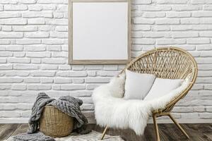 Cozy room with a wicker chair and blank art photo