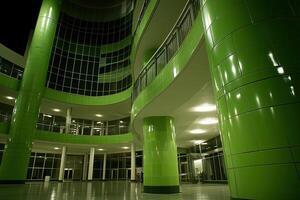 Modern green building at night photo