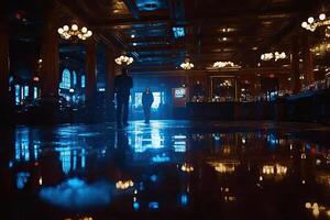 Grand hall interior, dimly lit, with reflections photo