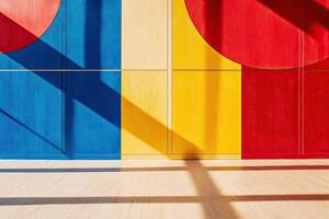 Vibrant wall with geometric shapes, casting shadows photo