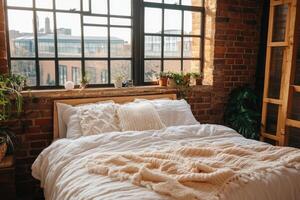 A bed in an industrial loft with windows photo