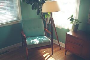 Cozy corner with teal armchair, lamp, and plants. Sunlight streams into the room photo