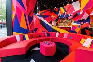 Vibrant, modern interior design with bold colors and geometric shapes. A colorful, contemporary space featuring a curved seating area, a central coffee table, and a brightly painted wall mural photo