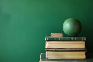 Stacked antique books and a green globe photo