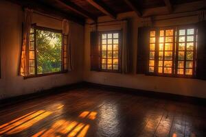 Sunlight streams into a sun-drenched room with vintage windows photo