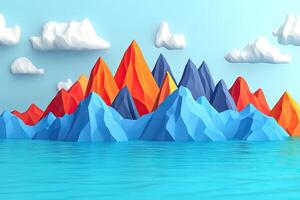 Colorful Low Poly Mountains Over Water photo