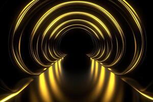 Abstract tunnel with yellow lights and black background photo