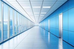 Modern office hallway with city views photo