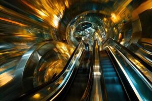Abstract perspective of modern escalators within a futuristic, dynamic interior space photo