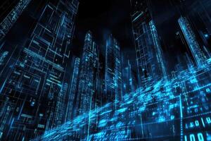 Futuristic cityscape, illuminated by digital networks photo