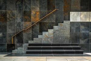Modern stairway with a metallic railing against a textured stone wall photo