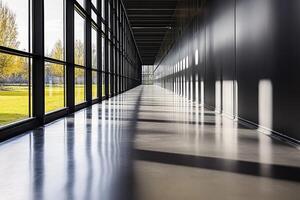 Modern, minimalist corridor with large windows photo