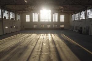 Empty industrial hall bathed in sunlight photo