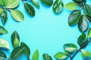 Fresh vibrant leaves frame a light blue background photo