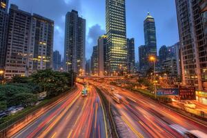 Busy urban highway at twilight photo