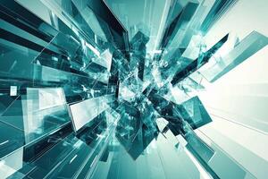 Abstract geometric shapes in teal and white. Dynamic, futuristic city, fragmented glass panels photo