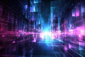 Futuristic digital city, glowing blocks, vibrant colors photo