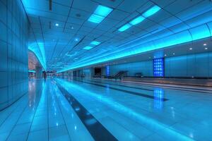 Modern, futuristic tunnel with vibrant blue lighting photo