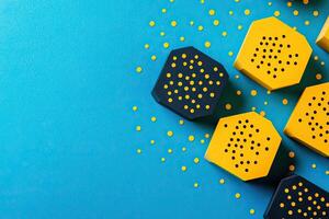 Geometric, colorful hexagonal shapes scattered on a vibrant blue background photo