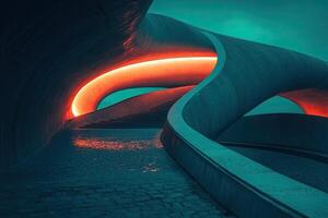 Abstract architectural passageway lit by warm orange light photo