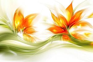 Abstract floral design, vibrant orange lilies on flowing, light green background photo