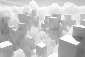 Abstract cityscape of white cubes nestled in clouds photo