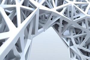 Abstract architectural structure. Intricate network of white triangular and linear elements forming a complex, organic shape. A sense of depth and perspective is created through the layered design photo