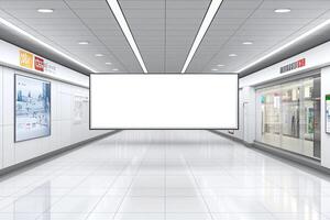 Subway station hallway with blank billboard photo