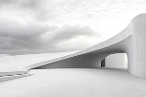 Modern, minimalist architectural structure, featuring flowing lines and smooth surfaces. A spacious, light-filled exterior photo