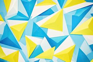 Abstract geometric pattern of overlapping triangles in vibrant yellow and blue photo