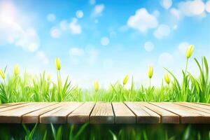 Springtime Wooden Platform in a Meadow photo