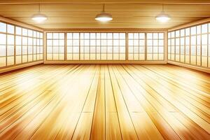 Empty, sunlit room with wooden floors and large windows photo