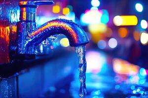 Water flows from a faucet at night photo