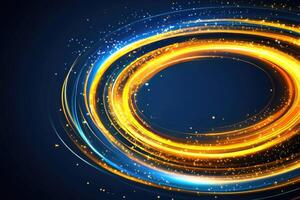 Abstract oval frame with swirling golden and blue light trails, embedded with glittering particles photo