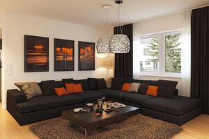 Modern living room featuring a dark sectional sofa, orange accent pillows, and a coffee table. A gallery wall with abstract art adds a touch of style photo