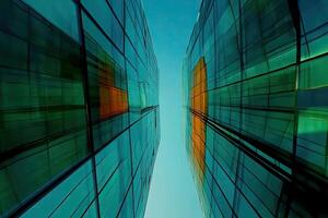 Two modern glass towers against a vibrant sky photo