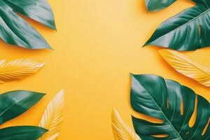 Tropical leaves frame on mustard yellow backdrop photo