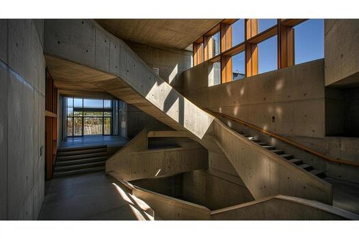 Modern concrete interior with angled staircases and large windows photo