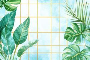 Tropical foliage decorates a gridded wall photo