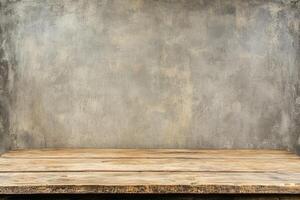 Rustic wooden table against a textured concrete wall photo