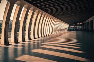 Architectural perspective of a long hallway with arched supports photo