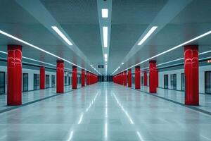 Modern, empty underground station with red pillars photo
