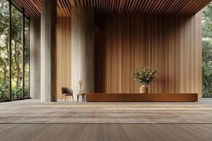 Modern, minimalist lobby with natural wood and concrete accents photo